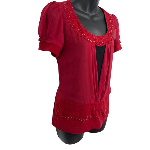 Burberry London Large Red Embellished Blouse Top Short Sleeve Scalloped Neck - Picture 4 of 8